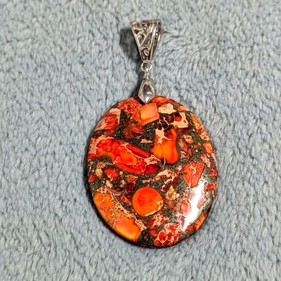 Lovely Large Oval Painted Jasper Necklace/Pendant on Black Adustable Cord - Picture 8 of 10